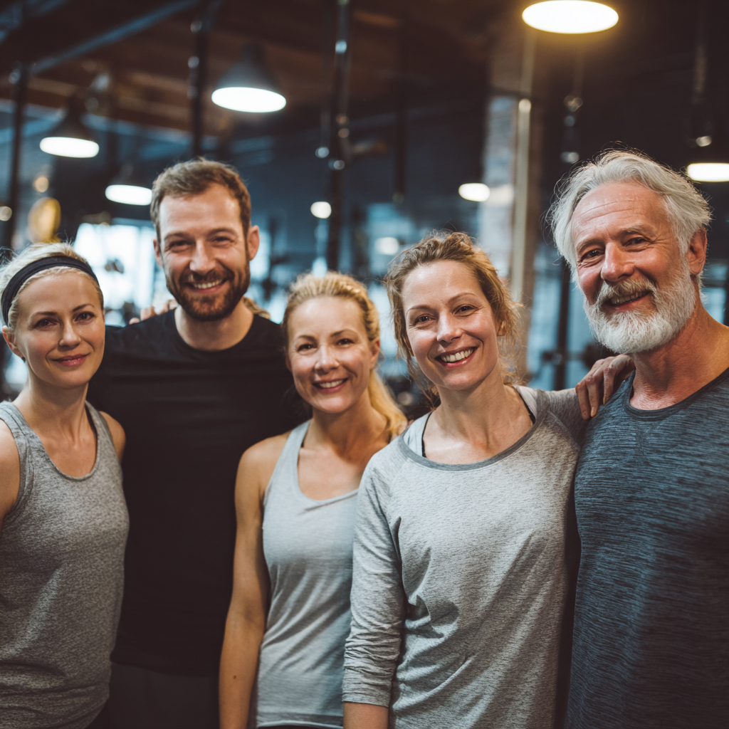 Group of smiling Ukrainian adults demonstrating shoulder mobility and strengthening exercises